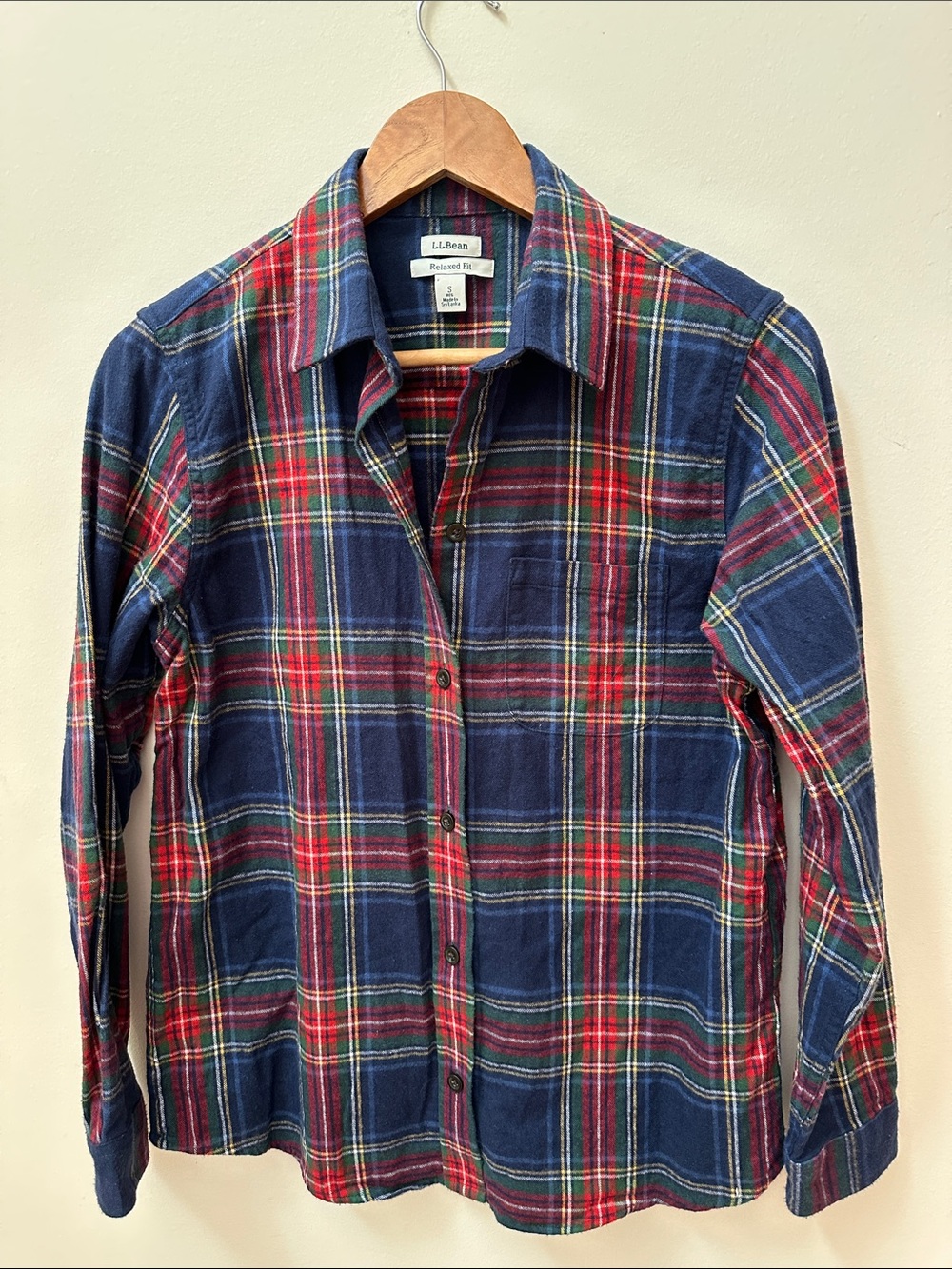 L.L. Bean Flannel Navy, Red and Green Plaid  Button-Down Shirt